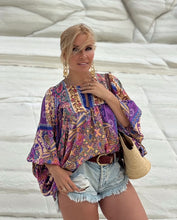 Load image into Gallery viewer, THALASSA BLOUSE WITH XL SLEEVES/ wild orchid blue , purple, yellow oriental print