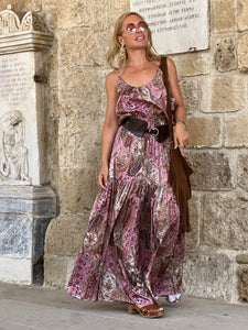 KARIATIDE MAXI DRESS/ Rasberry and Choco: pink and chocolate brown silk