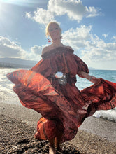 Load image into Gallery viewer, GYPSETTE MAXI SKIRT / with 6 mtrs volant, brick red oriental print with metallic thread