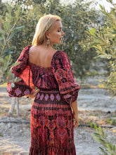 Load image into Gallery viewer, BELLA MAXI DRESS/ burgundy and red paisley print with metallic thread