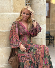 Load image into Gallery viewer, HIPPIE MAXI DRESS/ tourmaline print with golden thread