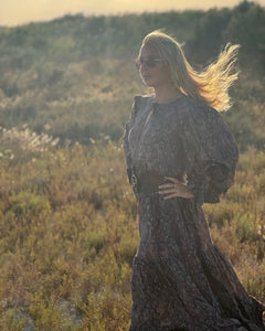 NOMAD MAXI DRESS/ earthy colors with purple paisley print and metallic thread