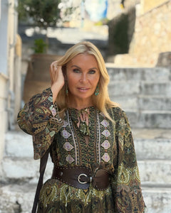NOMAD MAXI DRESS/ green and olive green paisley print
