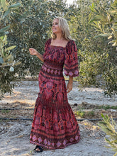 Load image into Gallery viewer, BELLA MAXI DRESS/ burgundy and red paisley print with metallic thread