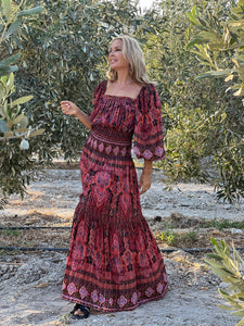 BELLA MAXI DRESS/ burgundy and red paisley print with metallic thread