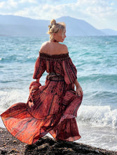 Load image into Gallery viewer, GYPSETTE MAXI SKIRT / with 6 mtrs volant, brick red oriental print with metallic thread