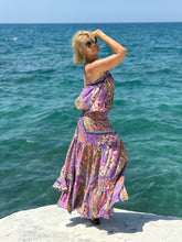 Load image into Gallery viewer, JOY MAXI DRESS with low waist and 6 mtrs volant/ blue orchid oriental print