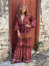 Load image into Gallery viewer, HIPPIE MAXI DRESS/burgundy red paisley print with metallic thread