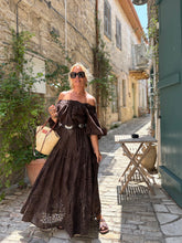 Load image into Gallery viewer, NEW! CARMEN MAXI DRESS / dark chocolate brown cotton embroidery