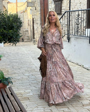 Load image into Gallery viewer, YASMINE MAXI DRESS/ cafe latte beige print silk with elastane