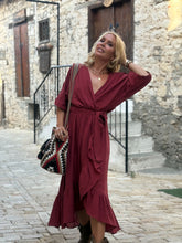 Load image into Gallery viewer, WRAP MIDI DRESS with kimono sleeves / red wine cotton