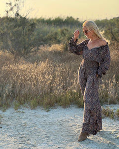 GLOW JUMPSUIT/ earthy and purple painsley print with metallic thread