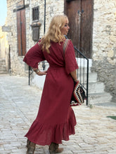 Load image into Gallery viewer, WRAP MIDI DRESS with kimono sleeves / red wine cotton