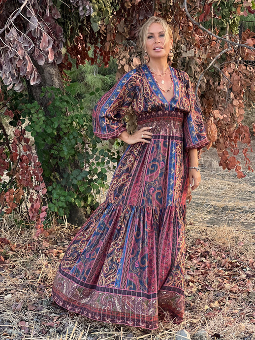 HIPPIE MAXI DRESS/ burgundy + navy blue oriental print with metallic thread