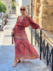 BOHOSOUL MAXI DRESS/ brick red+burgundy paisley print woth metallic thread