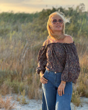 Load image into Gallery viewer, CARMEN BLOUSE/ earthy colors with purple paisley print and metallic thread