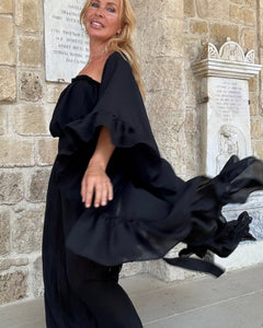 MUSE LONG KIMONO/ PONCHO WITH RUFFLES / black cotton voile