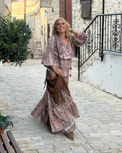 YASMINE MAXI DRESS/ cafe latte beige print silk with elastane