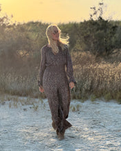 Load image into Gallery viewer, GLOW JUMPSUIT/ earthy and purple painsley print with metallic thread