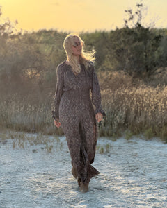 GLOW JUMPSUIT/ earthy and purple painsley print with metallic thread