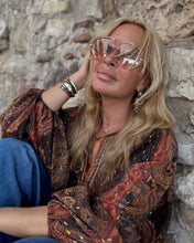 Load image into Gallery viewer, THALASSA BLOUSE WITH XL BELL SLEEVES / chocolate brown, caramel print and golden thread
