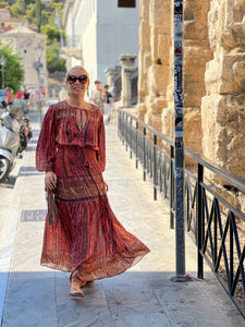 BOHOSOUL MAXI DRESS/ brick red+burgundy paisley print woth metallic thread