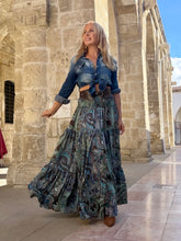 Load image into Gallery viewer, GYPSETTE MAXI SKIRT WITH 6 mtrs ruffle / chocolate brown and blue paisley
