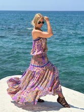 Load image into Gallery viewer, JOY MAXI DRESS with low waist and 6 mtrs volant/ blue orchid oriental print