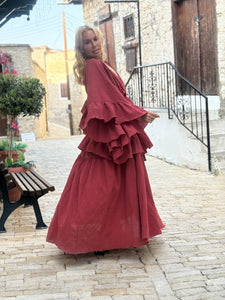 MUSE KIMONO WITH RUFFLES/ wine red cotton