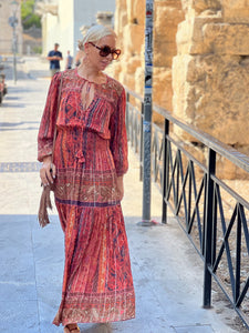 BOHOSOUL MAXI DRESS/ brick red+burgundy paisley print woth metallic thread