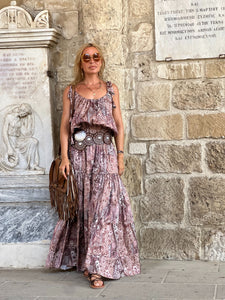 KARIATIDE MAXI DRESS/ Cafe Latte:  beige+dusty rose silk