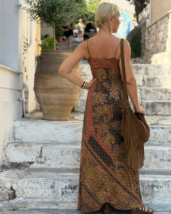 SLIP MAXI DRESS/ chocolate brown and caramel print with golden thread