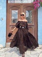 Load image into Gallery viewer, NEW! CARMEN MAXI DRESS / dark chocolate brown cotton embroidery