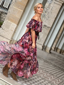 FLAMENCO MAXI DRESS/ red and pink floral chiffon