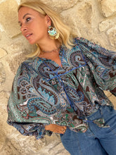 Load image into Gallery viewer, THALASSA BLOUSE/ blue and chocolate brown paisley