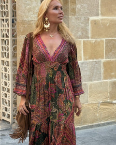 HIPPIE MAXI DRESS/ tourmaline print with golden thread