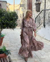 Load image into Gallery viewer, YASMINE MAXI DRESS/ cafe latte beige print silk with elastane