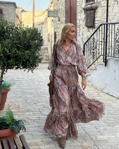 YASMINE MAXI DRESS/ cafe latte beige print silk with elastane