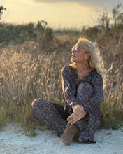 Load image into Gallery viewer, GLOW JUMPSUIT/ earthy and purple painsley print with metallic thread