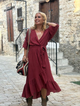 Load image into Gallery viewer, WRAP MIDI DRESS with kimono sleeves / red wine cotton