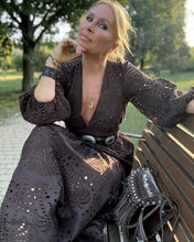 Load image into Gallery viewer, HIPPIE MAXI DRESS/ chocolate brown embroidered cotton