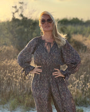 Load image into Gallery viewer, GLOW JUMPSUIT/ earthy and purple painsley print with metallic thread
