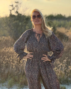 GLOW JUMPSUIT/ earthy and purple painsley print with metallic thread