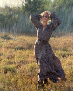 NOMAD MAXI DRESS/ earthy colors with purple paisley print and metallic thread