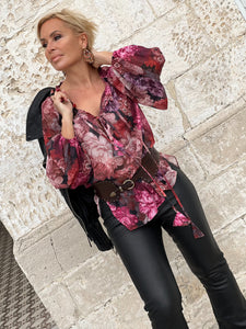 YASMINE BLOUSE / red and pink floral chiffon