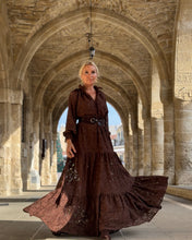 Load image into Gallery viewer, YASMINE MAXI DRESS/ chocolate brown bold lace