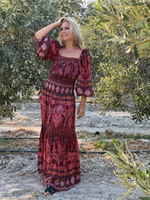 Load image into Gallery viewer, BELLA MAXI DRESS/ burgundy and red paisley print with metallic thread