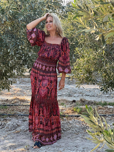 BELLA MAXI DRESS/ burgundy and red paisley print with metallic thread