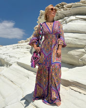 Load image into Gallery viewer, HIPPIE MAXI DRESS/ wild orchid blue, purple, yellow oriental print