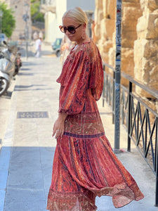 BOHOSOUL MAXI DRESS/ brick red+burgundy paisley print woth metallic thread